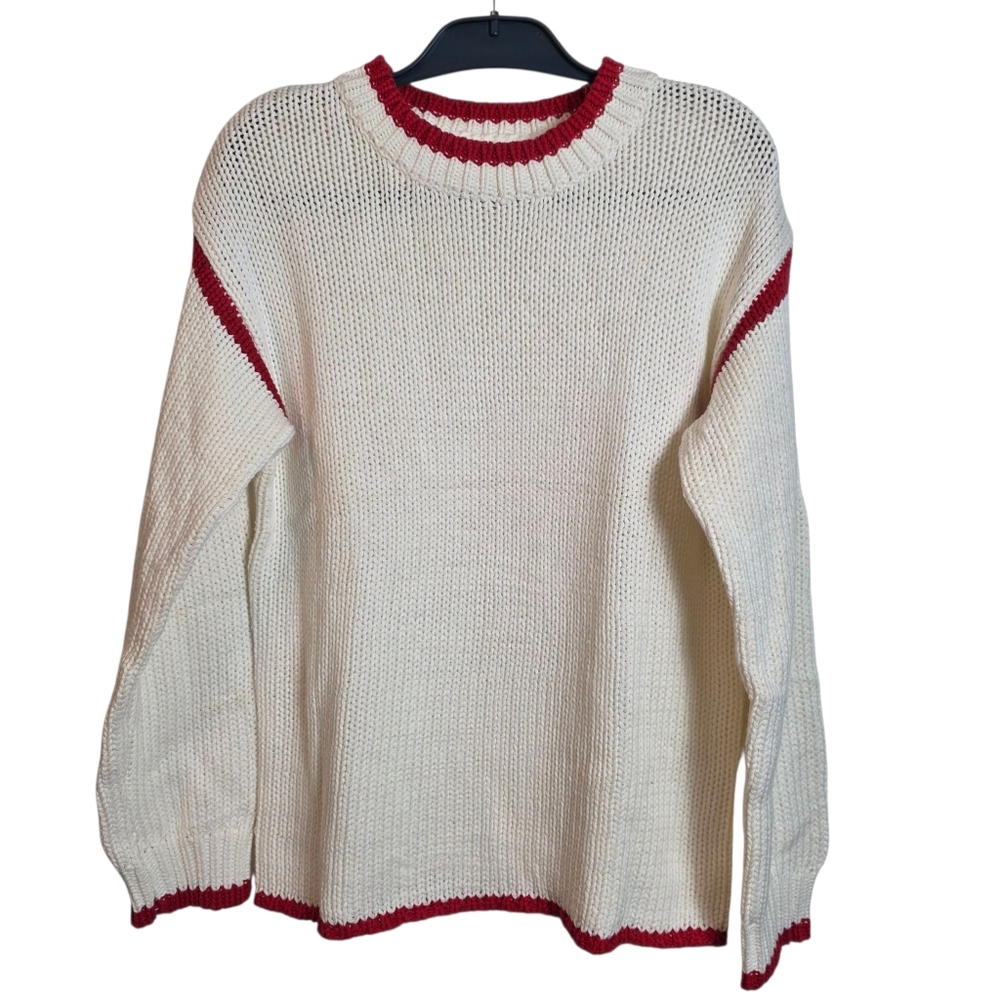 Cozy Womens Sweater Small White Red Trim Holiday